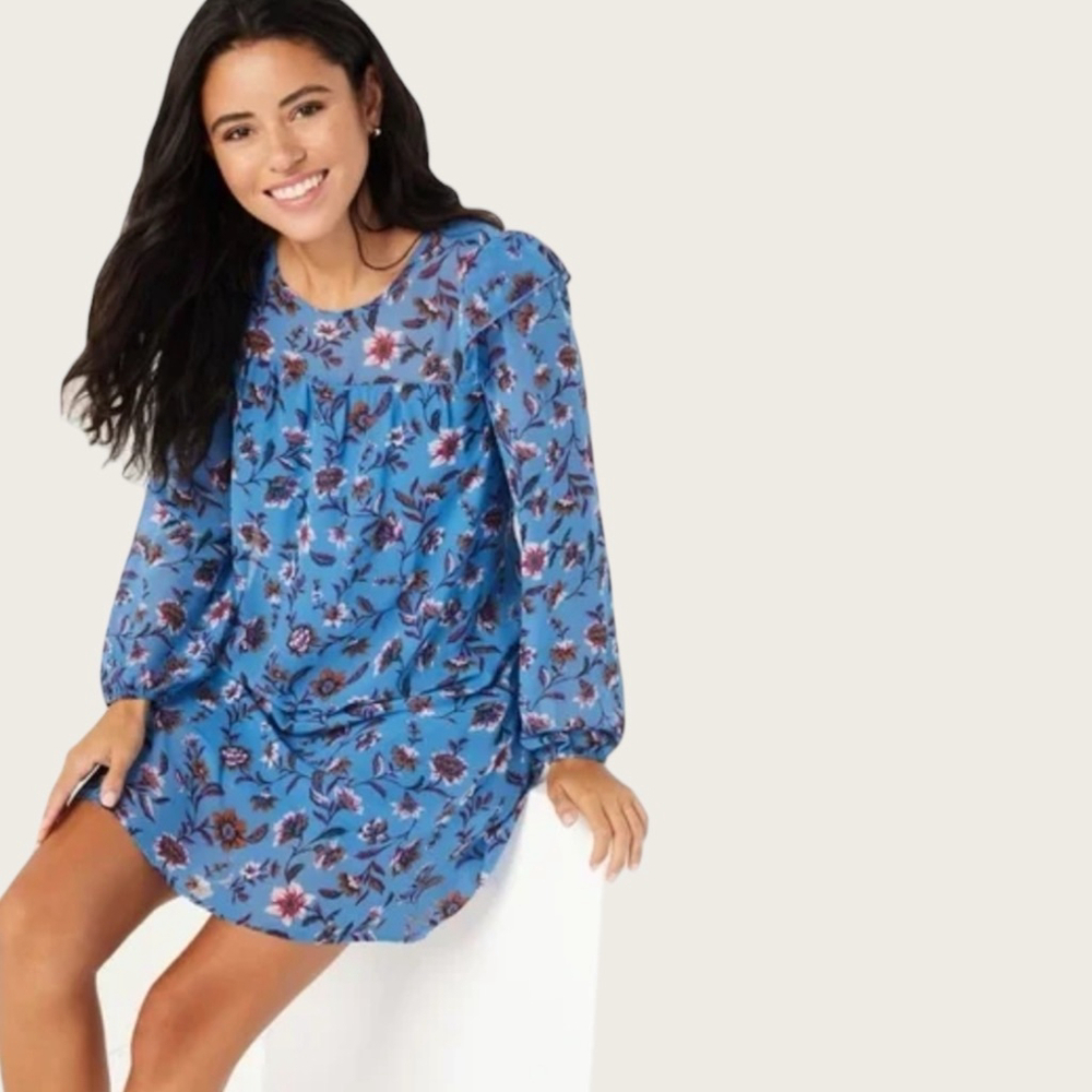 Time and Tru Blue Floral Long Sleeve Shift Dress, XL (16โ18)